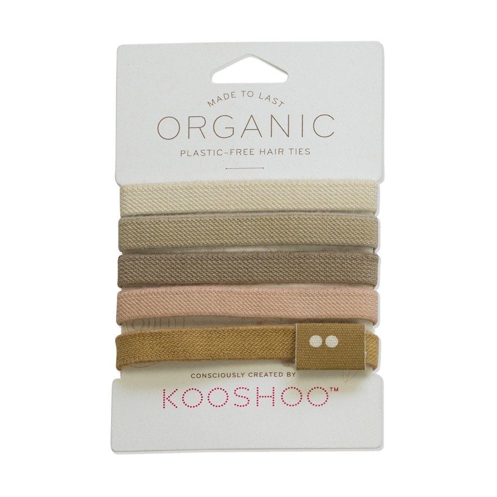 An assortment of five different blonde colored KOOSHOO brand organic plastic-free hair ties on a rectangular cardboard sleeve.