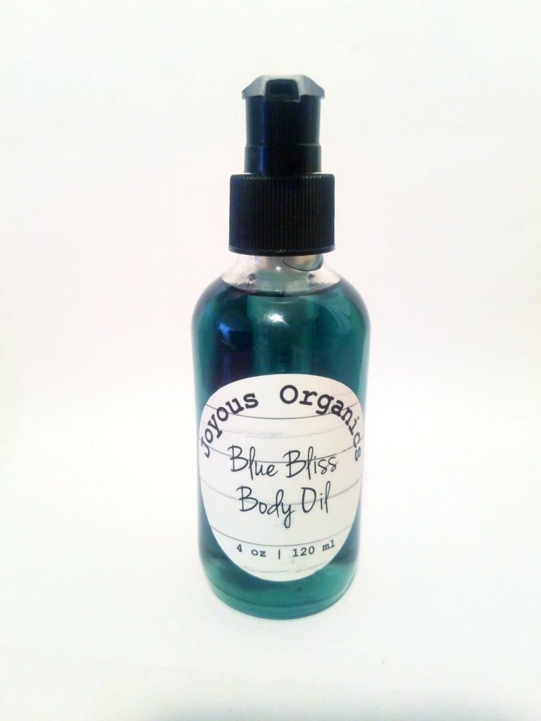 Joyous Organics 4 ounce organic blue bliss body oil; smells great and leaves skin feeling silky soft and radiant