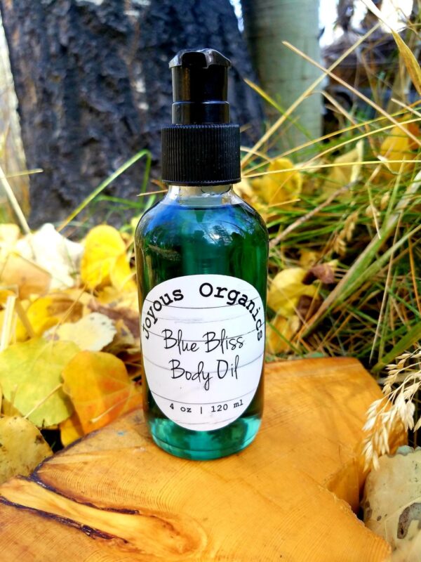 Joyous Organics 4 ounce organic blue bliss body oil; smells great and leaves skin feeling silky soft and radiant