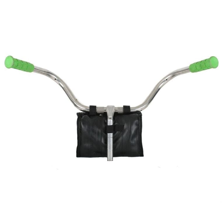 Rear view of eco friendly six liter cruiser cooler handlebar bag made from inner tubers and upcycled material displayed hanging from chrome handle bars, with green handlebar grips, by three velcro straps.  Product made by Green Guru Gear brand.