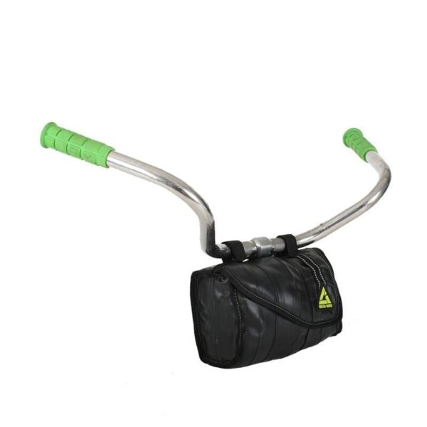Eco friendly six liter cruiser cooler handlebar bag made from inner tubers and upcycled material displayed hanging from chrome handle bars with green handlebar grips.  Product made by Green Guru Gear brand.