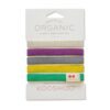 Five multicolored KOOSHOO brand organic, plastic-free hair ties on a rectangular cardboard sleeve.