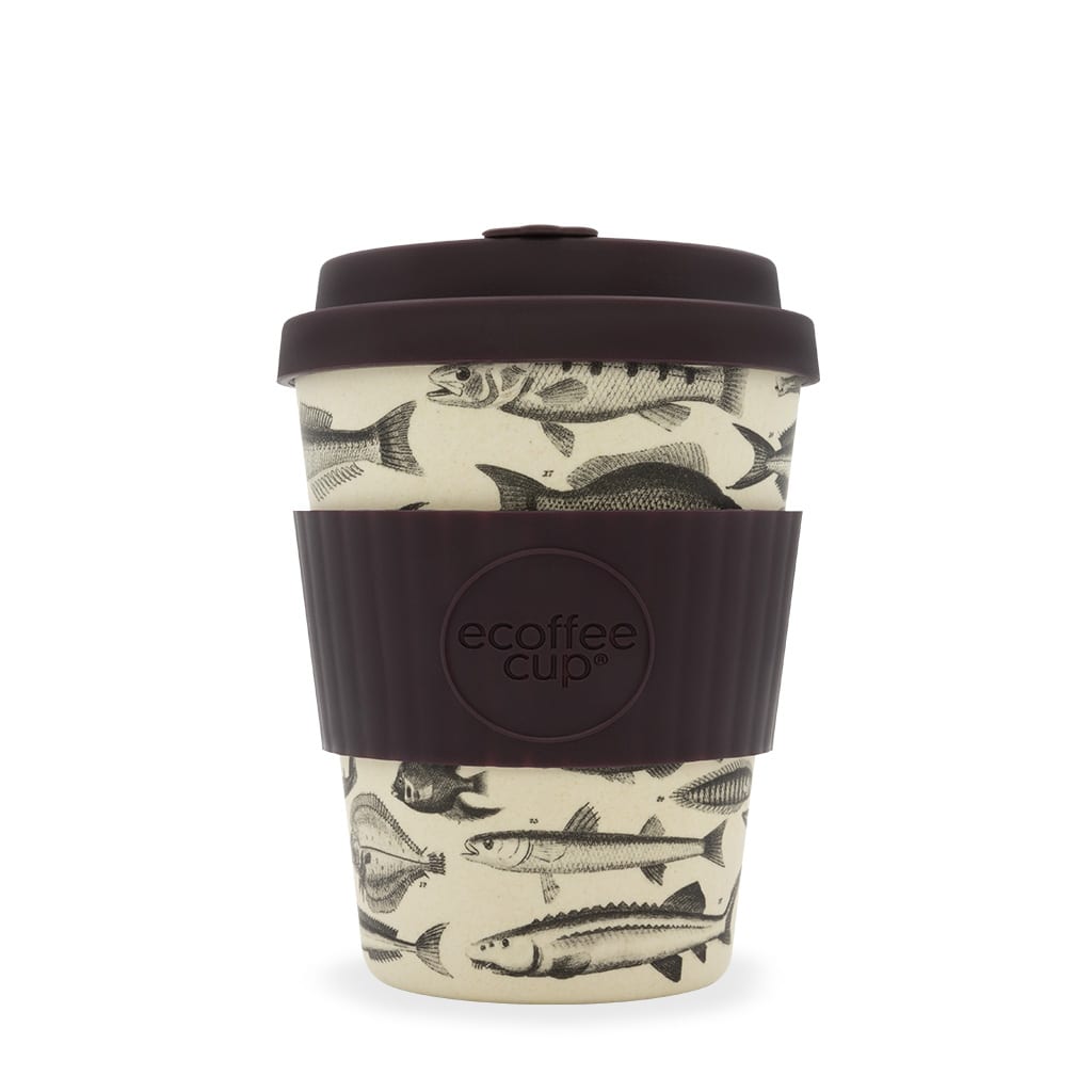 Eco friendly reusable E-Coffee Cup brand 12 ounce "Toolondo Fishman" bamboo fibre plastic free coffee cup.  Pictured with lid and warmer sleeve.