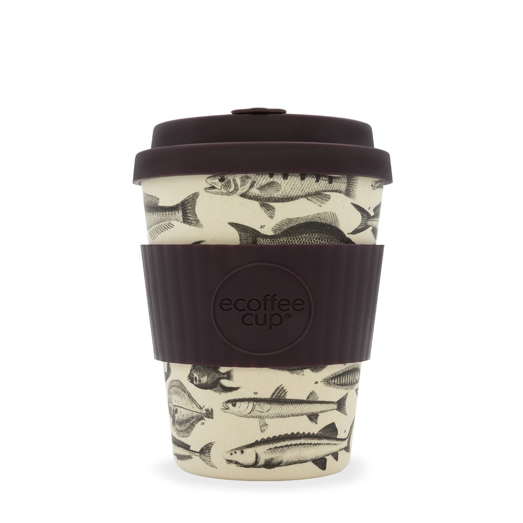 Eco friendly reusable E-Coffee Cup brand 12 ounce "Toolondo Fishman" bamboo fibre plastic free coffee cup.  Pictured with lid and warmer sleeve.