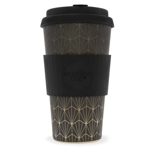 Eco friendly E-Coffee Cup brand 16 ounce bamboo fibre plastic fee Grand rex reusable cup. Pictured with matching lid and warmer sleeve.