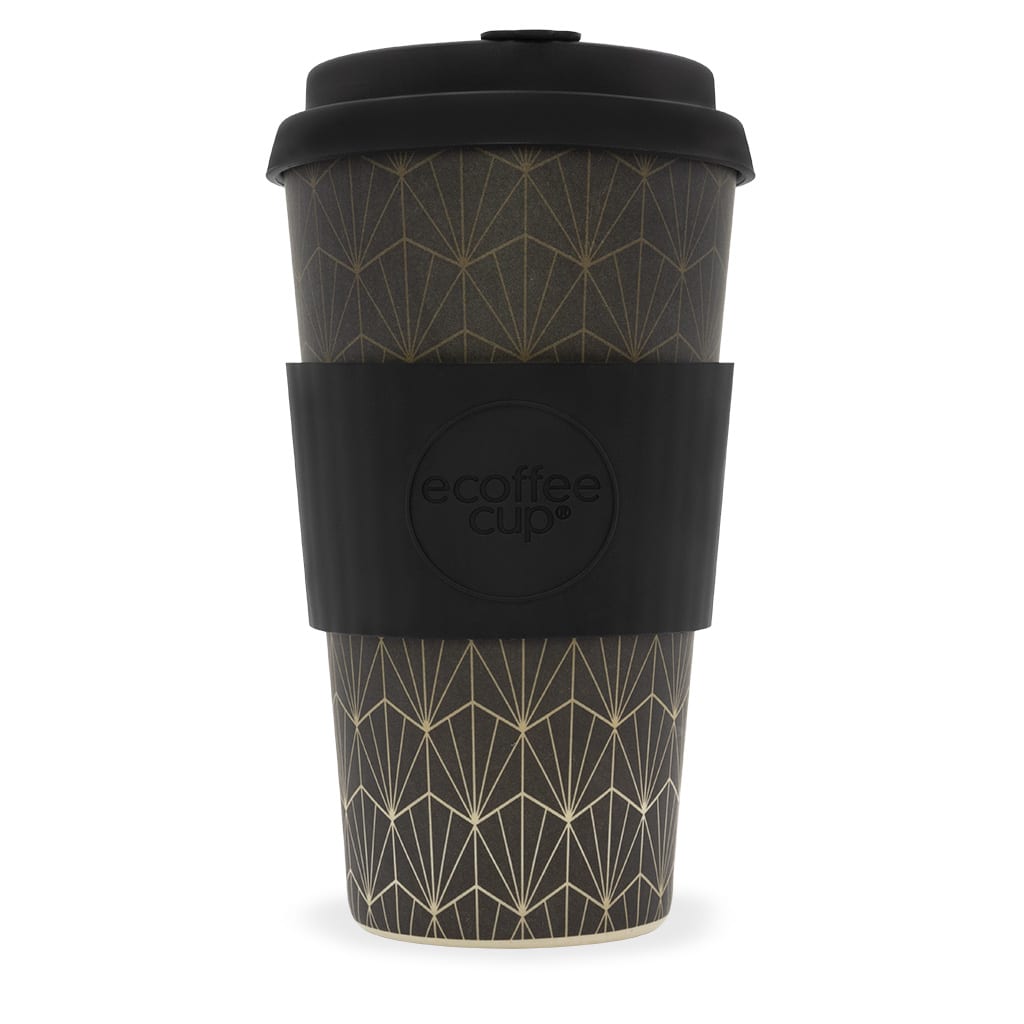 Eco friendly E-Coffee Cup brand 16 ounce bamboo fibre plastic fee Grand Rex reusable cup. Pictured with matching lid and warmer sleeve.
