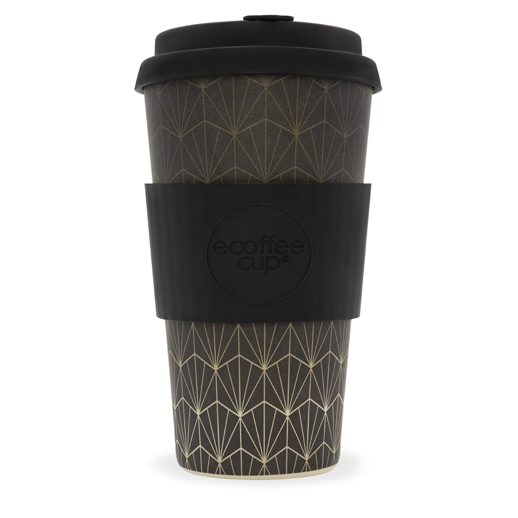 Eco friendly E-Coffee Cup brand 16 ounce bamboo fibre plastic fee Grand Rex reusable cup. Pictured with matching lid and warmer sleeve.