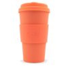 Sustainable E-Coffee Cup brand 16 ounce bamboo fibre plastic fee Mrs. Mills reusable cup. Pictured with matching lid and warmer sleeve.