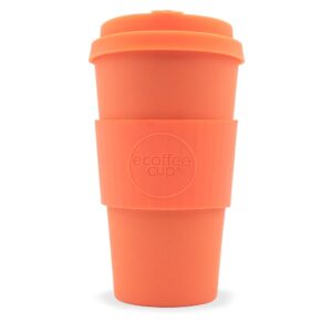 Sustainable E-Coffee Cup brand 16 ounce bamboo fibre plastic fee Mrs. Mills reusable cup. Pictured with matching lid and warmer sleeve.