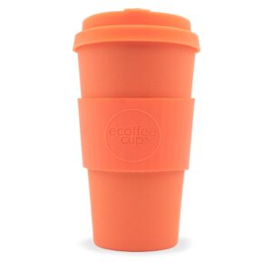 Sustainable E-Coffee Cup brand 16 ounce bamboo fibre plastic fee Mrs. Mills reusable cup. Pictured with matching lid and warmer sleeve.