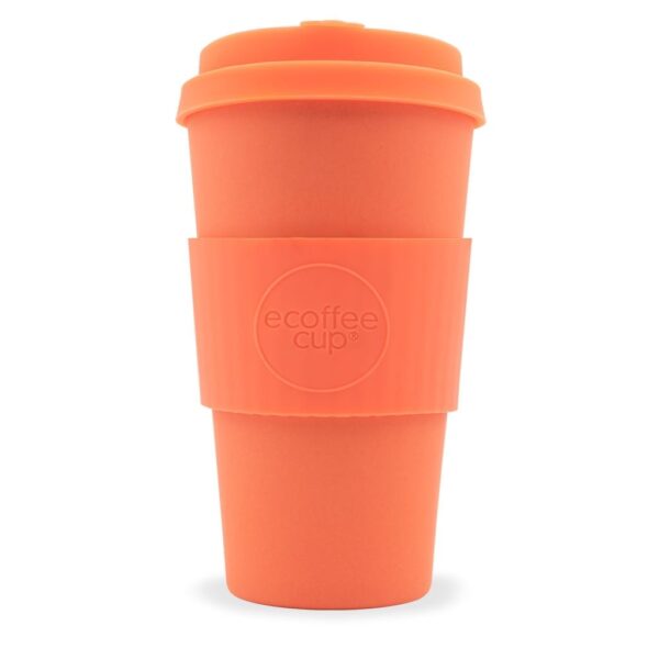 Sustainable E-Coffee Cup brand 16 ounce bamboo fibre plastic fee Mrs. Mills reusable cup. Pictured with matching lid and warmer sleeve.