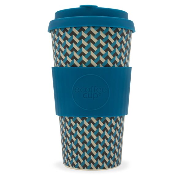 Sustainable E-Coffee Cup brand 16 ounce bamboo fibre plastic fee Nathan Road reusable cup. Pictured with lid and warmer sleeve.