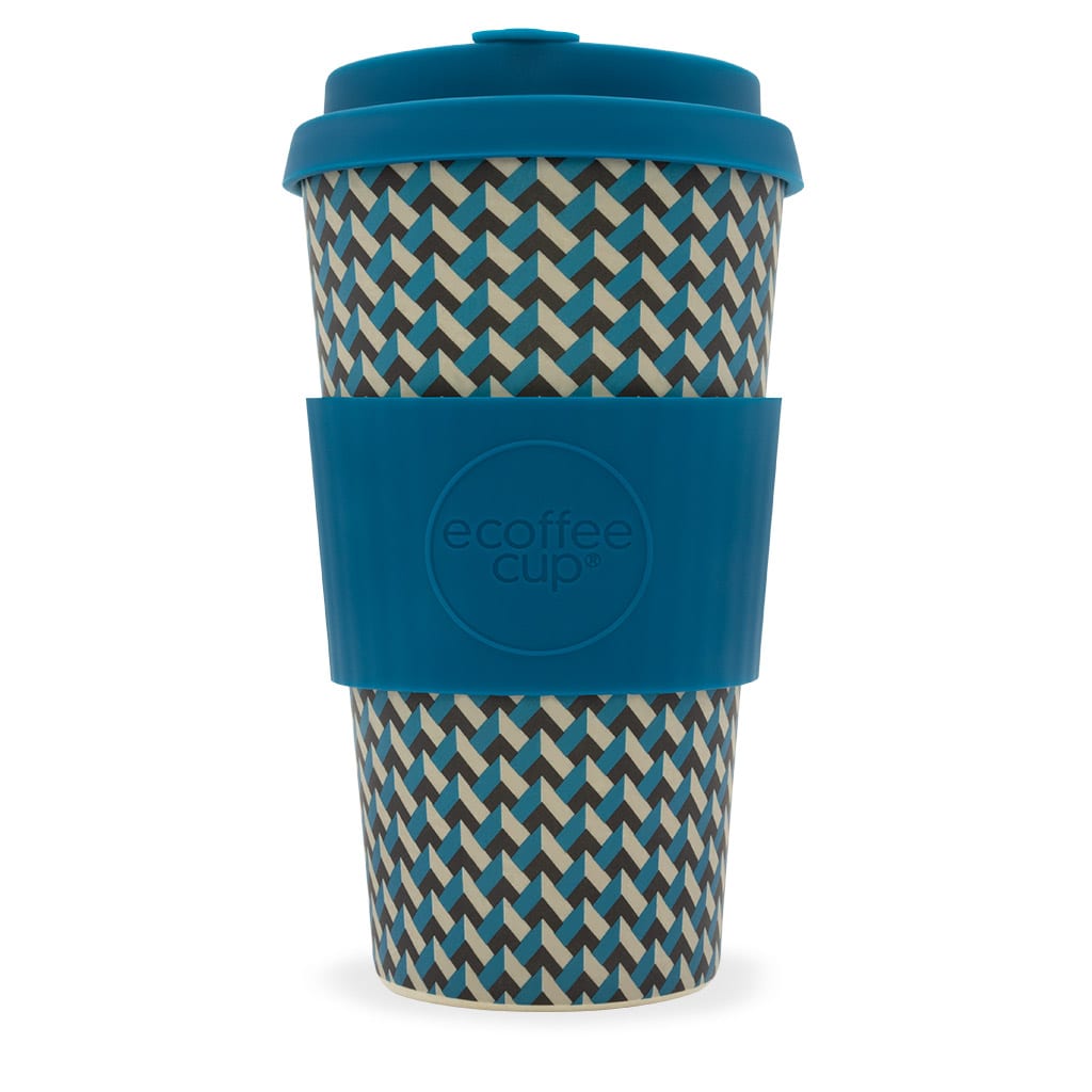 E-COFFEECUP-NATHANROAD-16OZ-2 Sustainable E-Coffee Cup brand 16 ounce bamboo fibre plastic fee Nathan Road reusable cup. Pictured with lid and warmer sleeve.