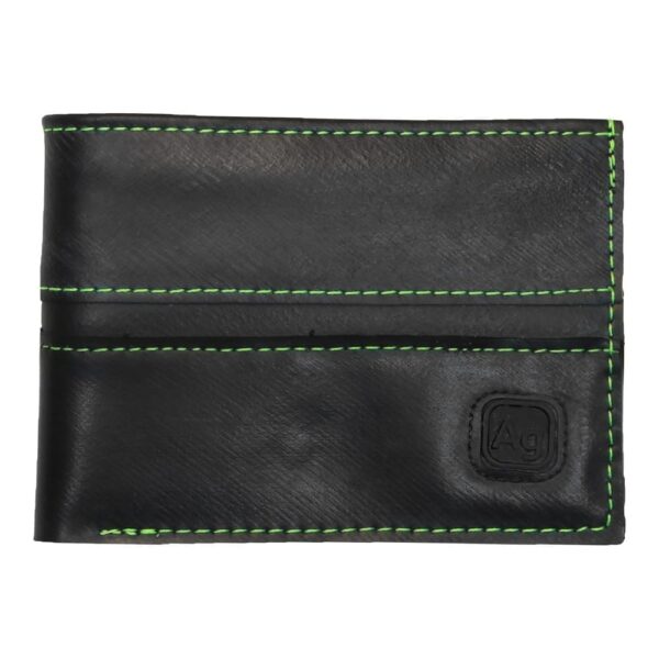 The Franklin wallet by Alchemy Goods is made entirely of upcycled bicycle inner tubes; shown with neon green stitching.