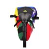 Rear view of multicolor upcycled fabric Green Guru Gear brand Haluer Seat Bag Bike Pack displayed on black seat post under black seat.