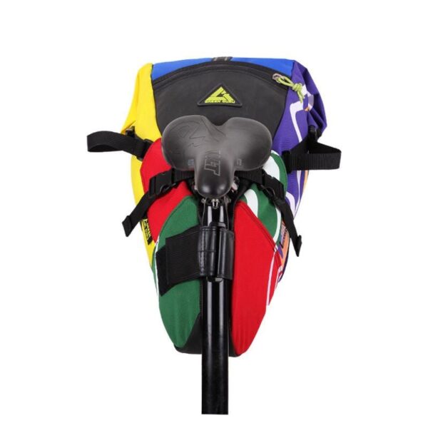 Rear view of multicolor upcycled fabric Green Guru Gear brand Haluer Seat Bag Bike Pack displayed on black seat post under black seat.