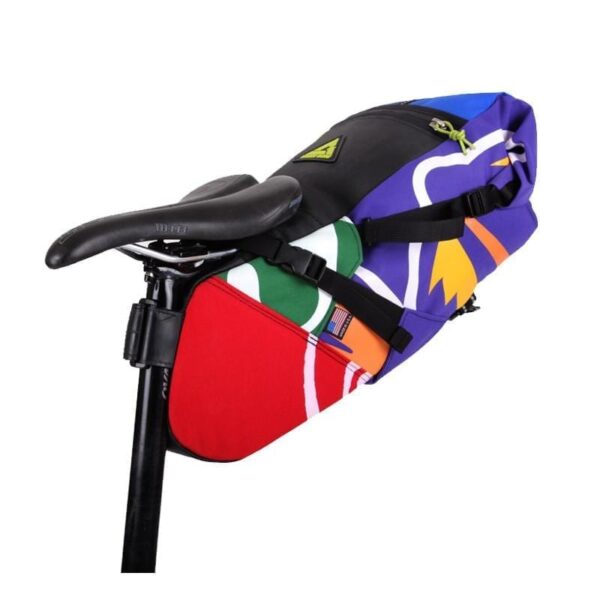 Multicolor upcycled fabric Green Guru Gear brand Haluer Seat Bag Bike Pack displayed on black seat post under black seat.