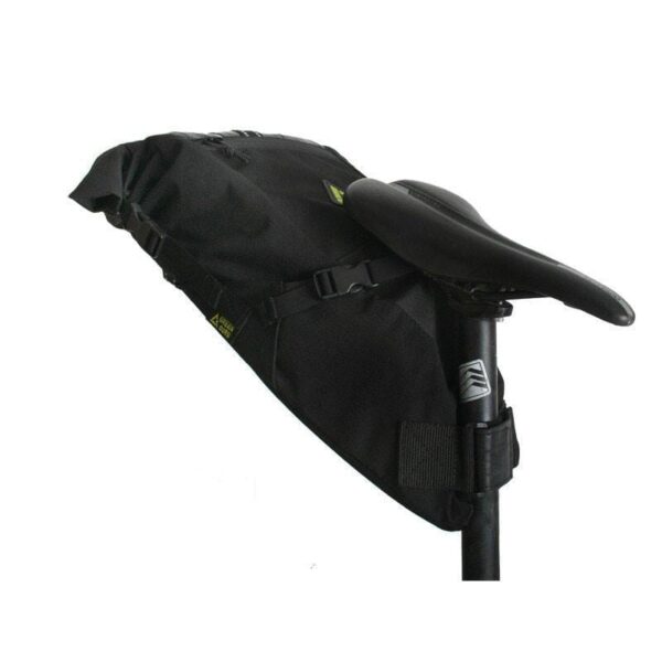 Side view of all black upcycled fabric Green Guru Gear brand Haluer Seat Bag Bike Pack displayed on black seat post under black seat.