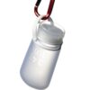 Eco friendly Humangear brand squeezable 3.4 ounce food-grade blue silicone travel tube with clear cap in closed position hanging from red carabiner.