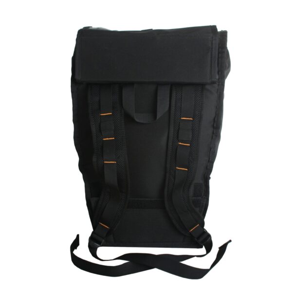Backside display of black High Roller 36 liter backpack convertible pannier in backpack mode with shoulder straps displayed.  Pack is made with inner tubes and other upcycled materials by earth friendly Green Guru Gear brand.