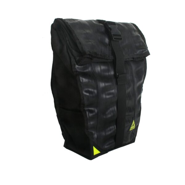 Side angle display of black High Roller 36 liter backpack convertible pannier made with inner tubes and other upcycled materials, made by eco friendly Green Guru Gear brand.