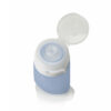 Reusable Humangear brand squeezable food-grade blue silicone travel tube with clear cap in open position.