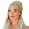 Caucasian female with long blonde hair wearing a safari green KOOSHOO brand organic cotton twist headband.