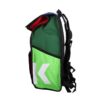 Profile shot of eco friendly Green Guru Gear brand Joyride 24 liter storm-proof multi-color roll top backpack made from upcycled materials.