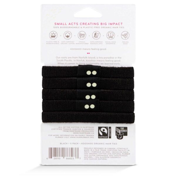 Backside of sustainable packaging for five plastic-free KOOSHOO brand black organic hair ties on a rectangular cardboard sleeve.