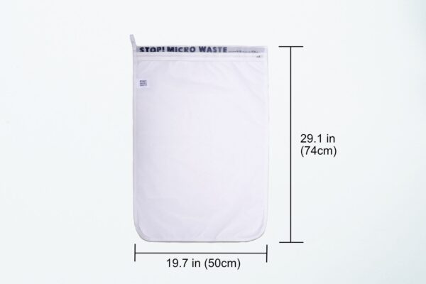 Vertical product display of reusable Guppyfriend brand anti-microplastic laundry bag with dimensions listed - Length: 29.1" Inches Width: 19.7" Inches.