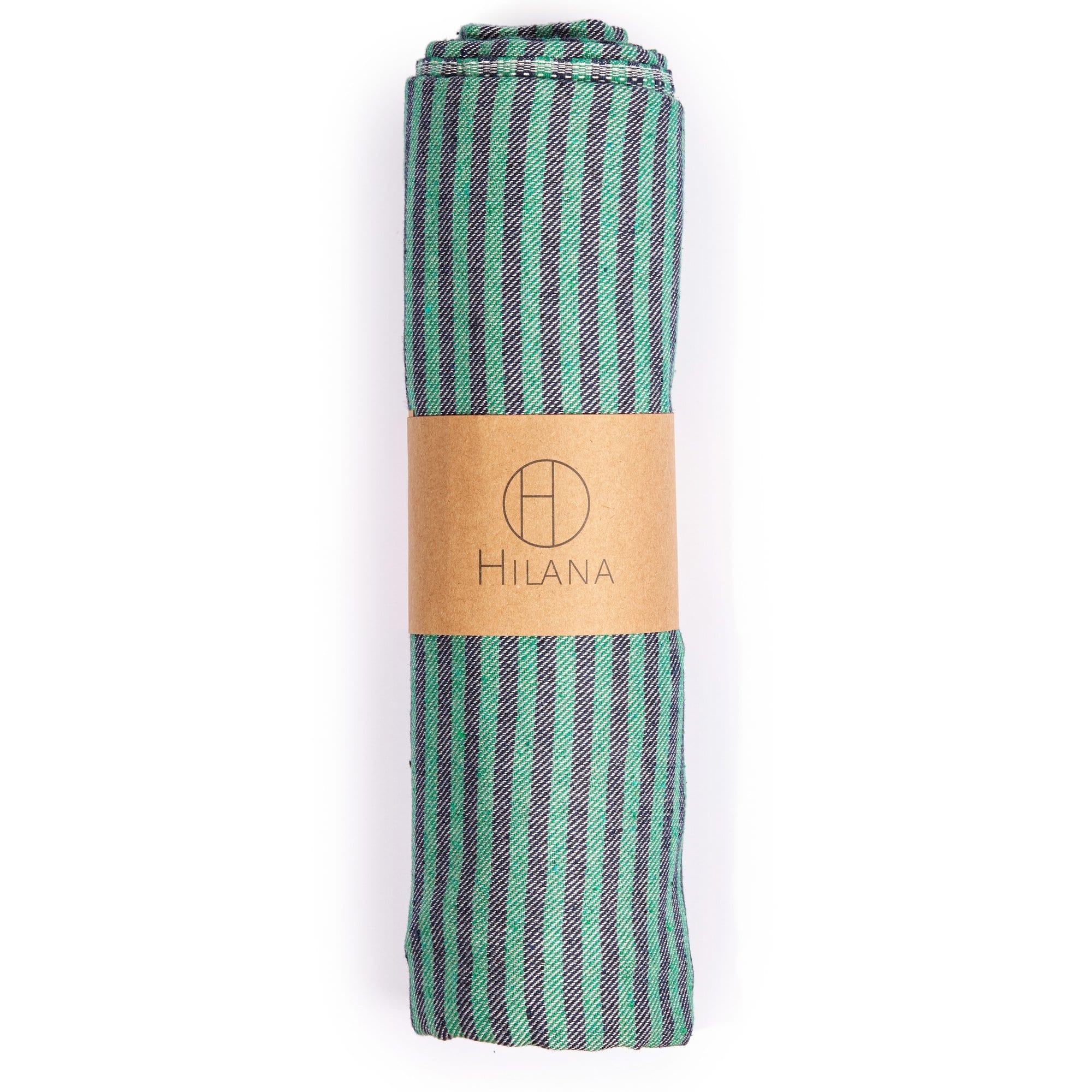 HILANA-TOWEL-FETHIYE-GREENBLUE-5 Hilana brand eco friendly green and blue striped Fethiye Towel tightly rolled with recycled paper wrap; made with environmentally friendly regenerative cotton.