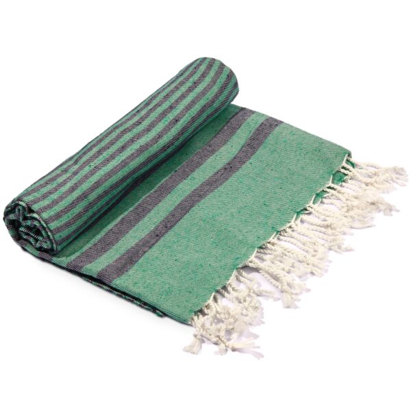 Hilana brand ultra-soft Eco friendly green and blue striped Fethiye Towel slightly unrolled.