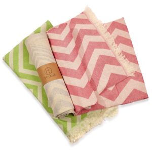 Hilana brand green, pink, and white chevron Mersin ultra-soft environmentally friendly towels displayed together.