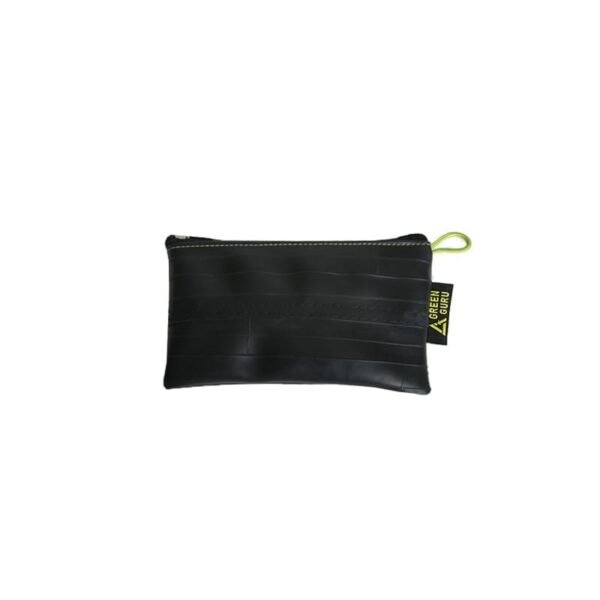 Front side view of upcycled inner tubes mid-size zipper pouch with small neon loop for clipping onto.  Pictured with logo on tag made by eco friendly Green Guru Gear brand.