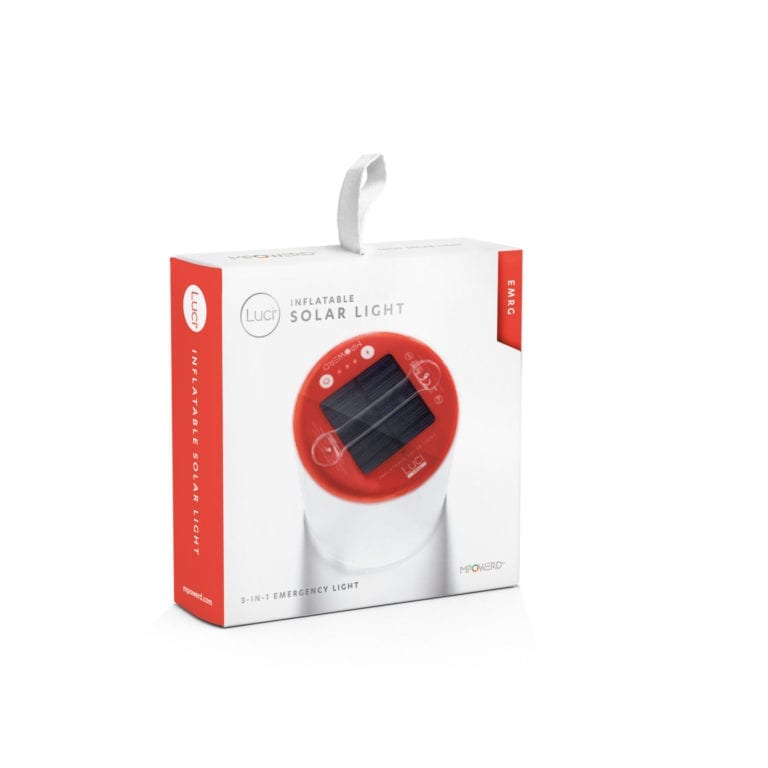 Product display of sustainable Mpowerd brand inflatable solar powered pocket light with emergency functionalities including red LED in white packaging.