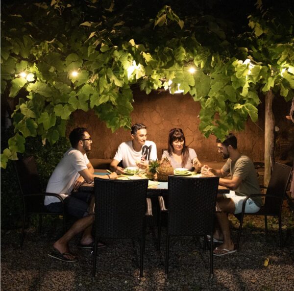 Solar string lights over backyard patio party