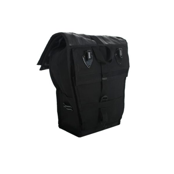 Backside angle display of black High Roller 36 liter backpack convertible pannier made with inner tubes and other upcycled materials, made by eco friendly Green Guru Gear brand.