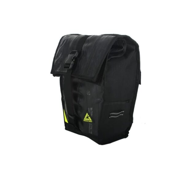 Side angle display of black High Roller 36 liter backpack convertible pannier made with inner tubes and other upcycled materials, made by sustainable Green Guru Gear brand.