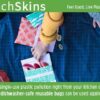 Graphic shows that Lunchskins brand bags are dishwasher safe and can be replace 500 plastic bags in a lifetime