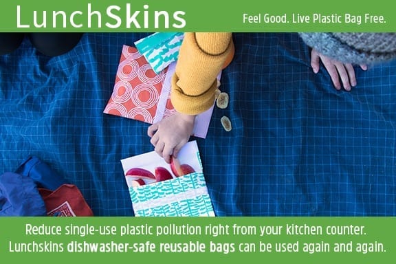 Graphic shows that Lunchskins brand bags are dishwasher safe and can be replace 500 plastic bags in a lifetime