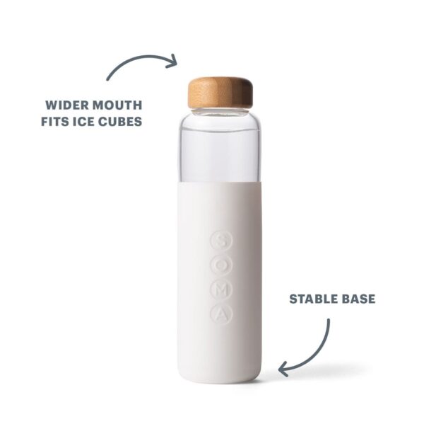 Product feature photo of environmentally friendly Soma brand glass water bottle, has a wider mouth that will fit ice cubes and the stable base.