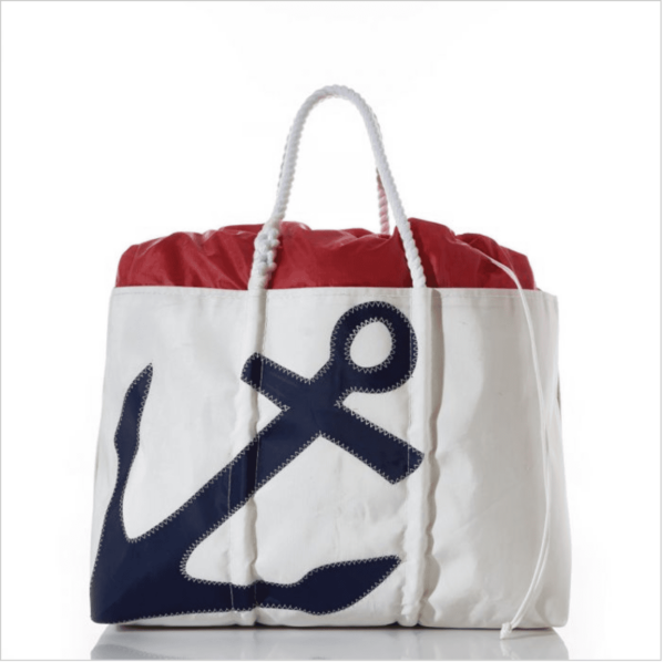 Sea Bags brand large expandable tote with anchor design boasts 10 additional inches of cloth sewn at the top for extra capacity; made from recycled sailcloth.