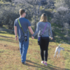 Couple holding hands and walking their dog in the park wearing their recycled plastic bottle Chico Bag brand bottle sling bag with their backs to the camera.