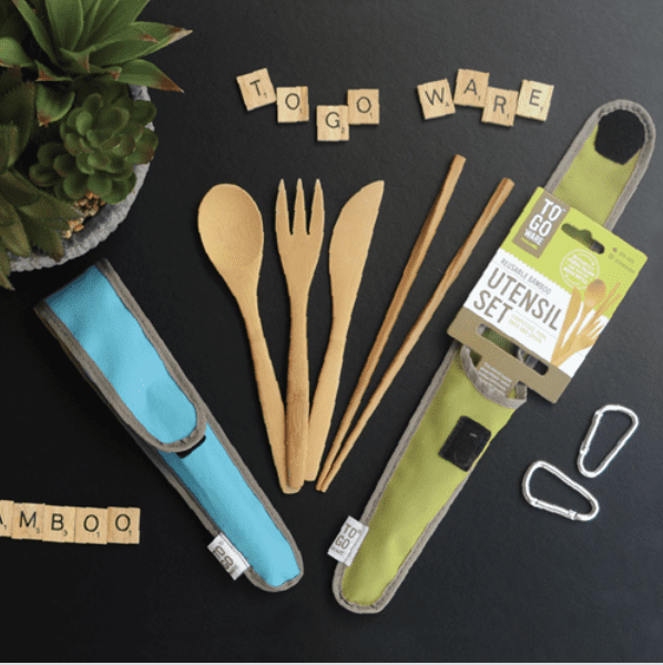 To Go Ware brand responsibly sourced bamboo fork, spoon, knife, and chopsticks; the carrying case has a velcro closure, an attached carabiner, and is made with recycled materials