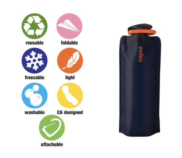 Vapur brand wide mouth foldable one liter water bottle in matte finish dark blue is reusable, freezable, light, and dishwasher safe