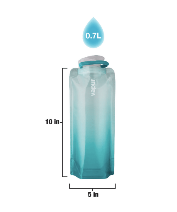 The .7 liter Vapur water bottle is 10 inches tall and 5 inches wide