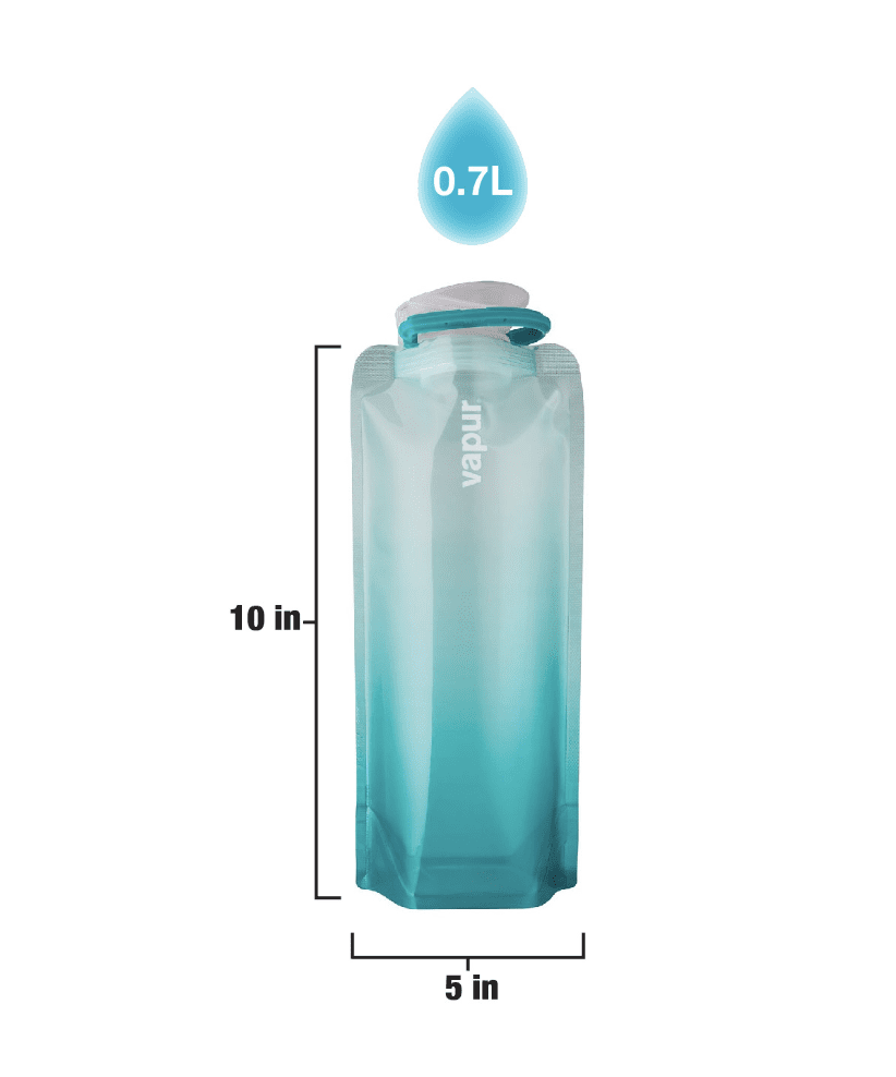 VAPUR-FOLDABLEBOTTLE-0.7L-MALIBUTEAL-2 The .7 liter Vapur water bottle is 10 inches tall and 5 inches wide
