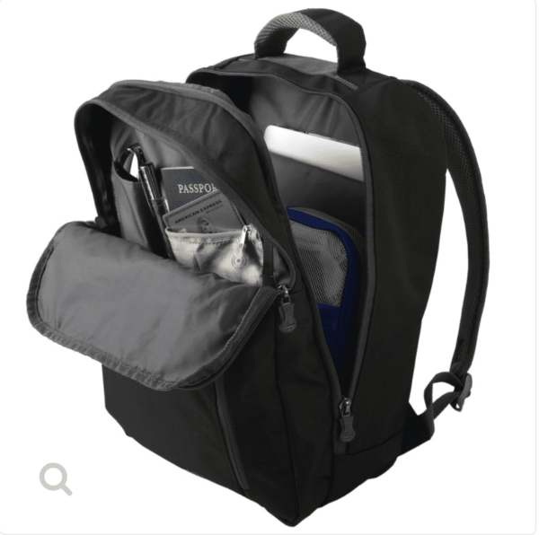 Front side angle interior product display for eco friendly, green, Lite Gear brand recycled polyester black Everyday Function Dash Pack featuring multiple easy access pockets with compartments for organization.