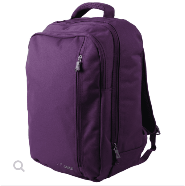 Front side angle product display for eco friendly, green, Lite Gear brand recycled polyester purple Everyday Function Dash Pack featuring multiple easy access pockets.