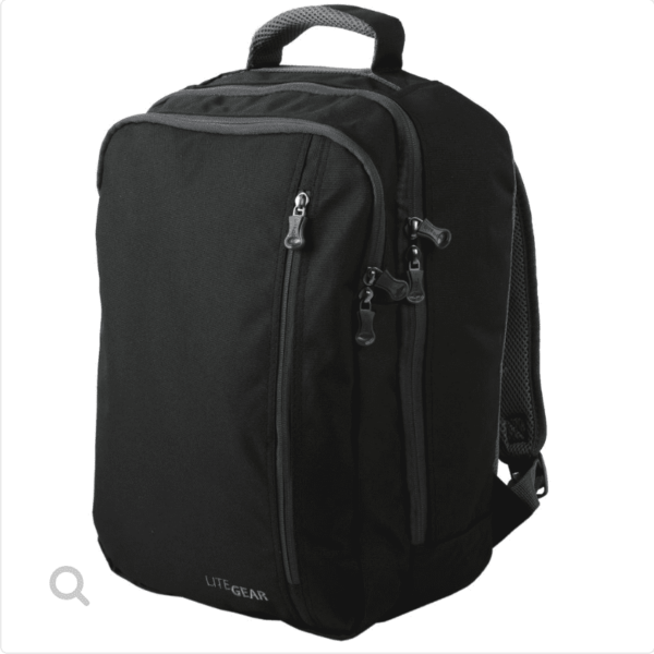 Front side angle product display for eco friendly, green, Lite Gear brand recycled polyester black Everyday Function Dash Pack featuring multiple easy access pockets.